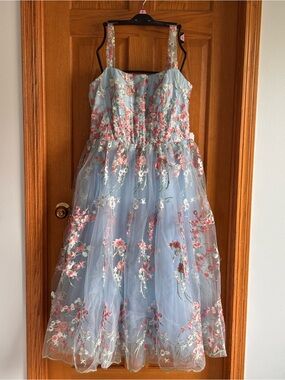 Light Blue Midi Dress with Pink Floral Embroidery